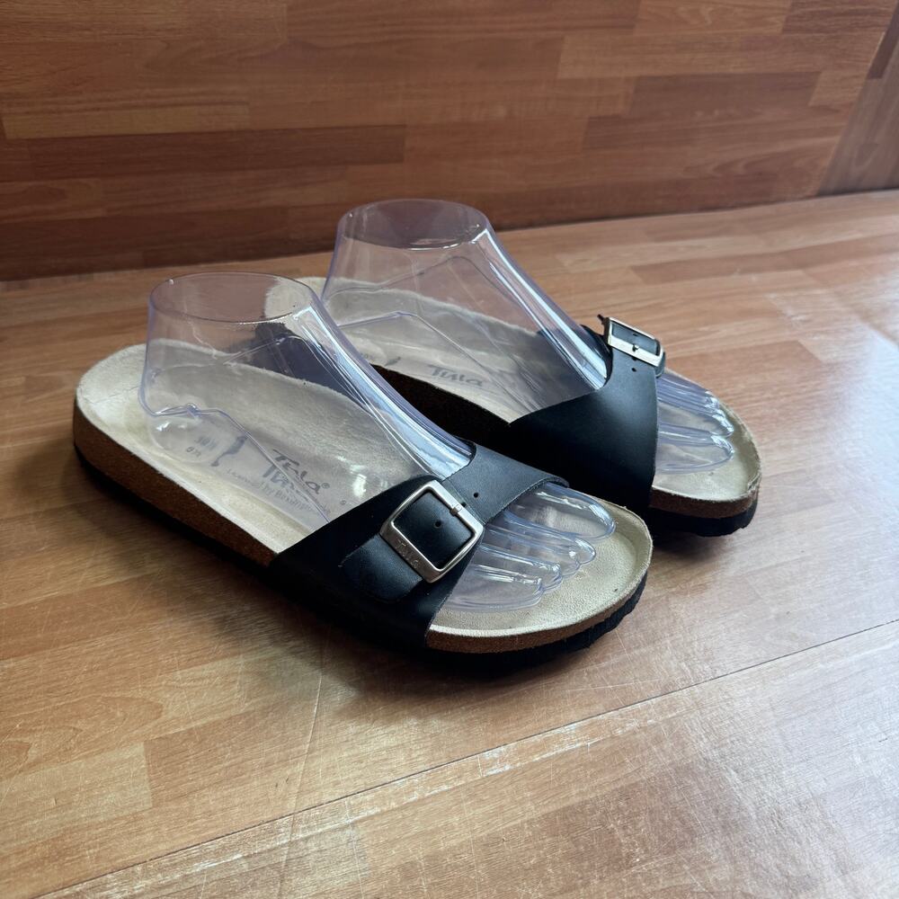 Tula by Birkenstock Madrid-style black slide sandals.